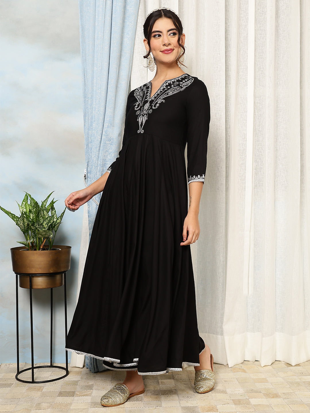 Rayon Calf Length Solid Flared 3/4 Sleeves V-Neck Kurta, Bottom With Dupatta
