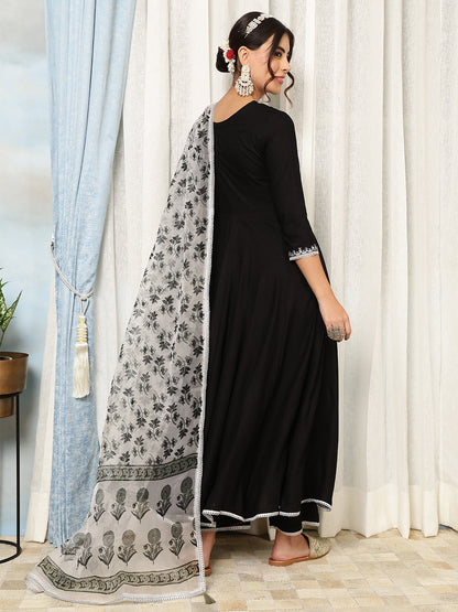 Rayon Calf Length Solid Flared 3/4 Sleeves V-Neck Kurta, Bottom With Dupatta