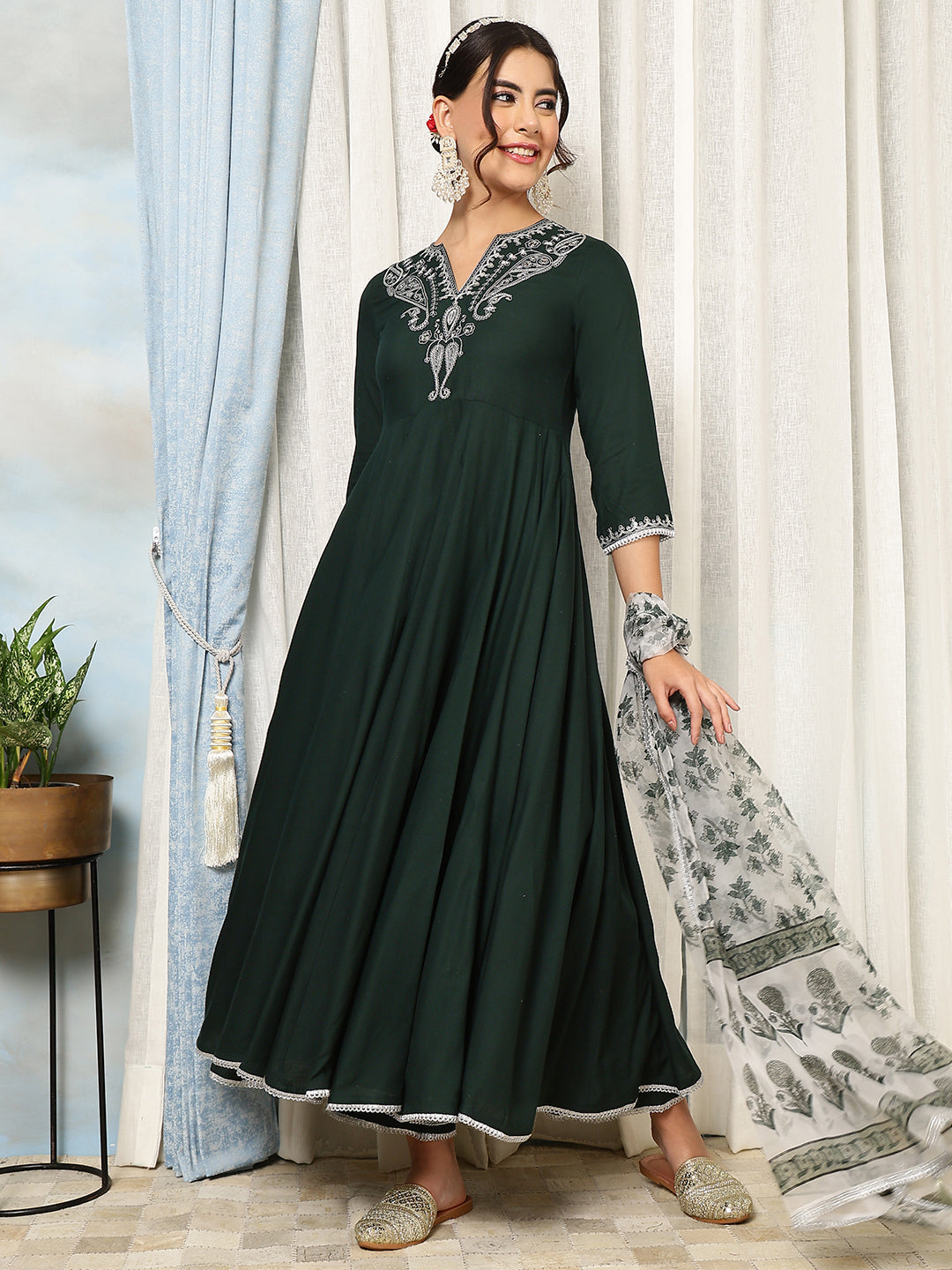 Rayon Calf Length Solid Flared 3/4 Sleeves V-Neck Kurta, Bottom With Dupatta