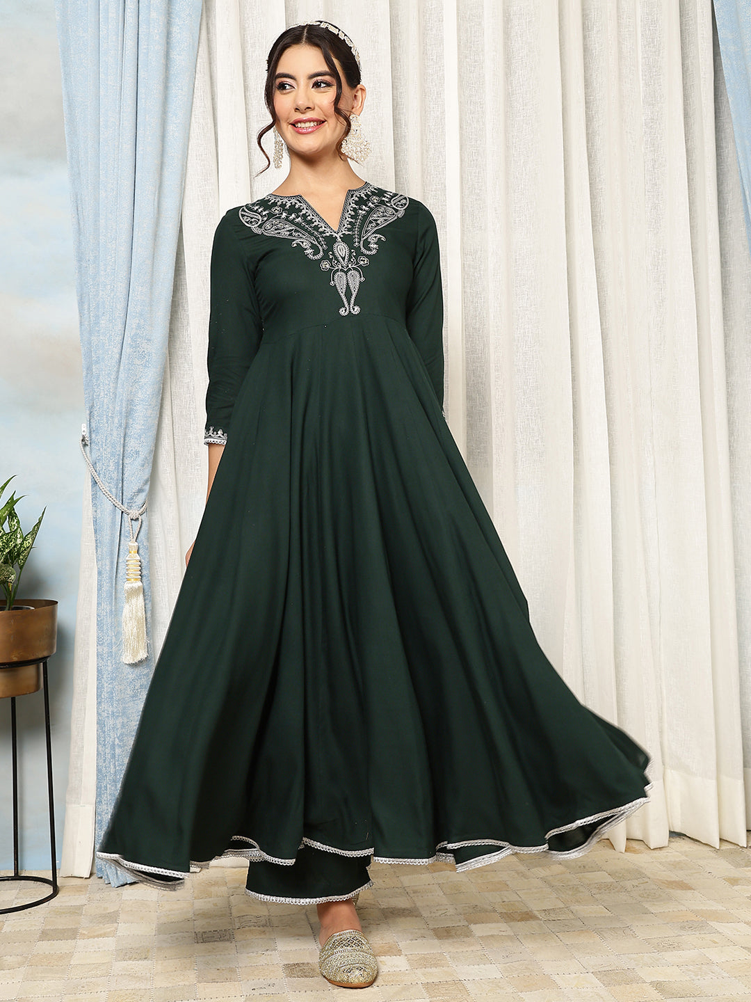 Rayon Calf Length Solid Flared 3/4 Sleeves V-Neck Kurta, Bottom With Dupatta