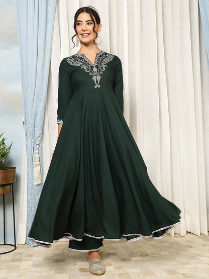 Rayon Calf Length Solid Flared 3/4 Sleeves V-Neck Kurta, Bottom With Dupatta