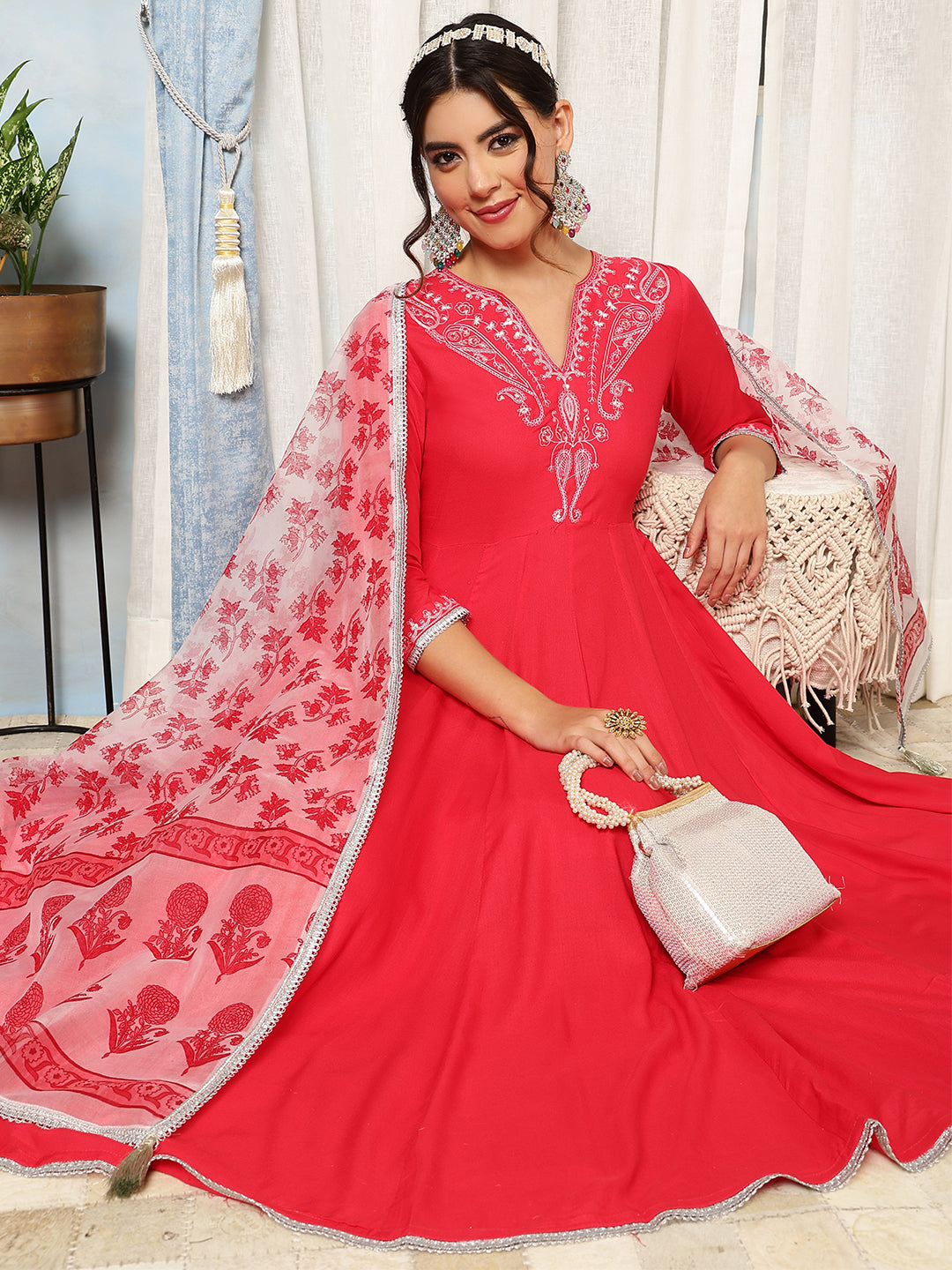 Rayon Calf Length Solid Flared 3/4 Sleeves V-Neck Kurta, Bottom With Dupatta