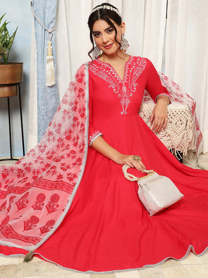 Rayon Calf Length Solid Flared 3/4 Sleeves V-Neck Kurta, Bottom With Dupatta