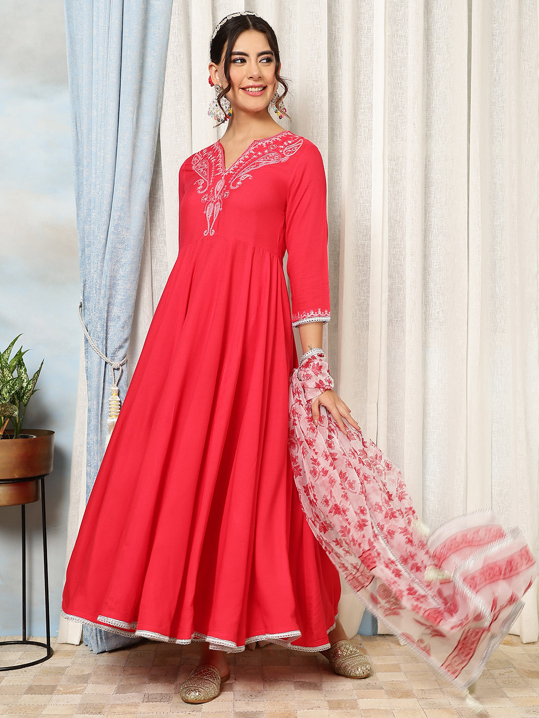 Rayon Calf Length Solid Flared 3/4 Sleeves V-Neck Kurta, Bottom With Dupatta