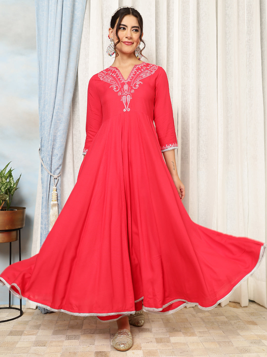 Rayon Calf Length Solid Flared 3/4 Sleeves V-Neck Kurta, Bottom With Dupatta