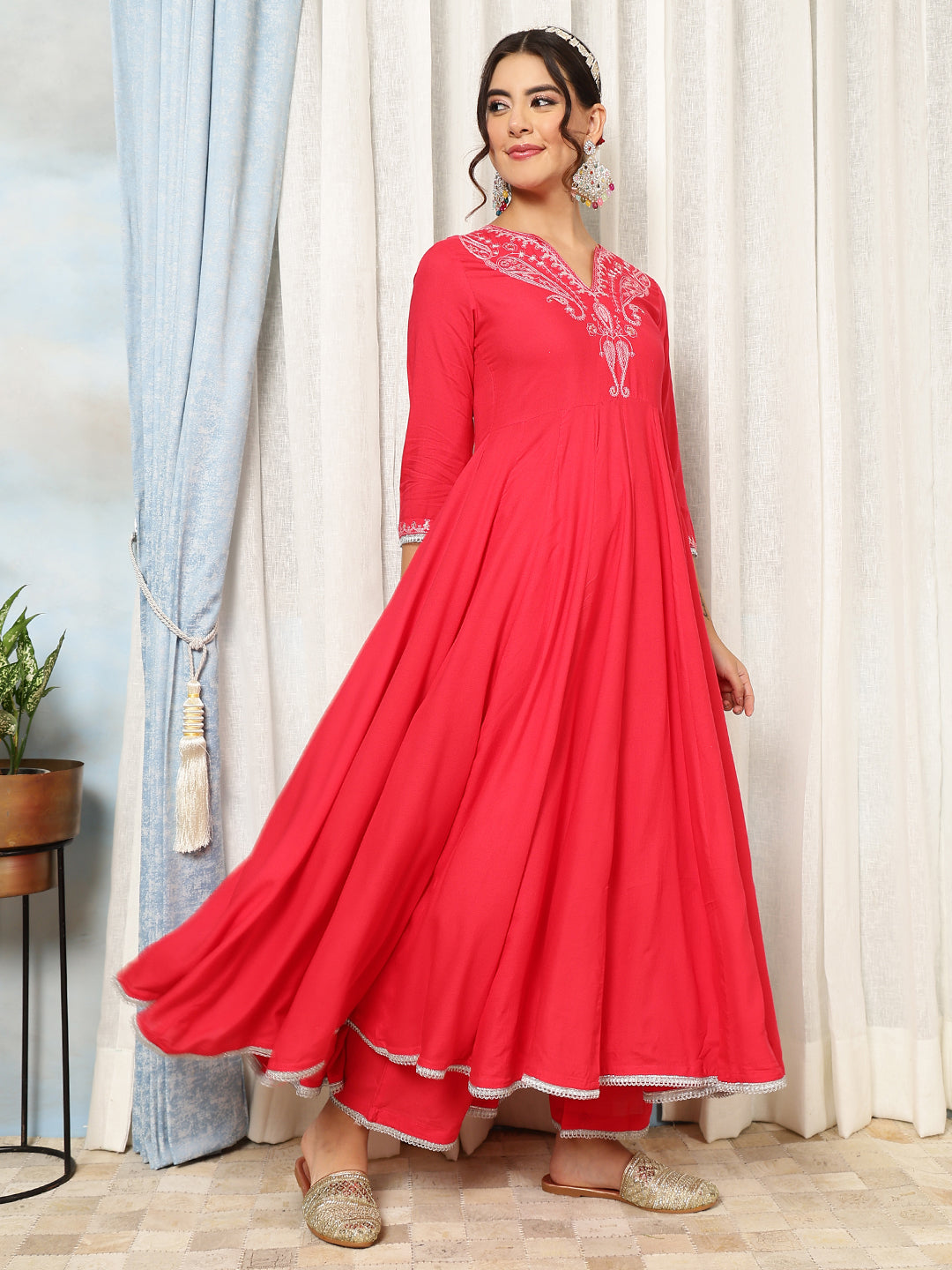 Rayon Calf Length Solid Flared 3/4 Sleeves V-Neck Kurta, Bottom With Dupatta