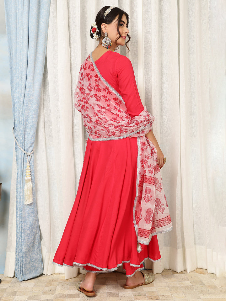 Rayon Calf Length Solid Flared 3/4 Sleeves V-Neck Kurta, Bottom With Dupatta