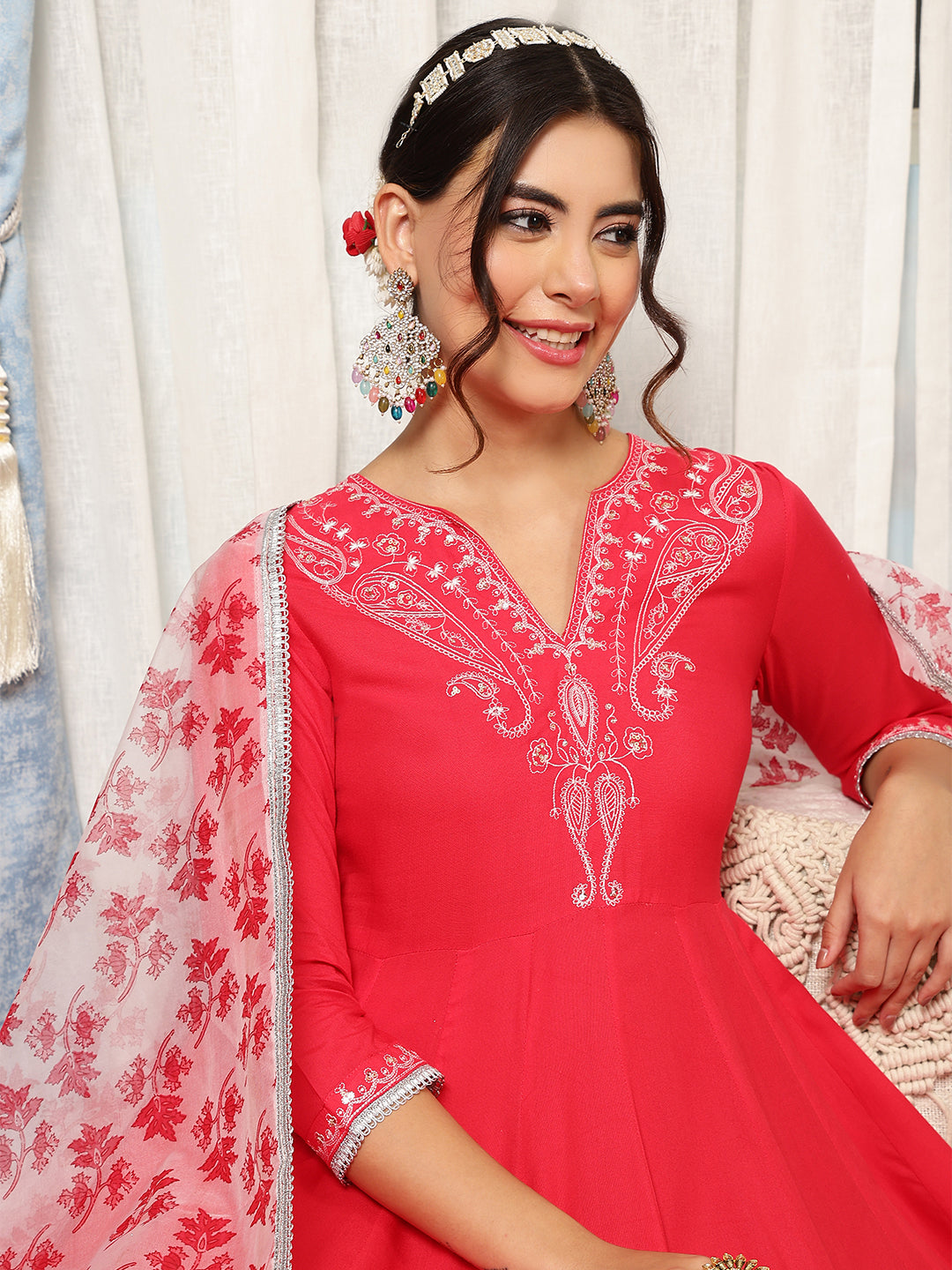 Rayon Calf Length Solid Flared 3/4 Sleeves V-Neck Kurta, Bottom With Dupatta
