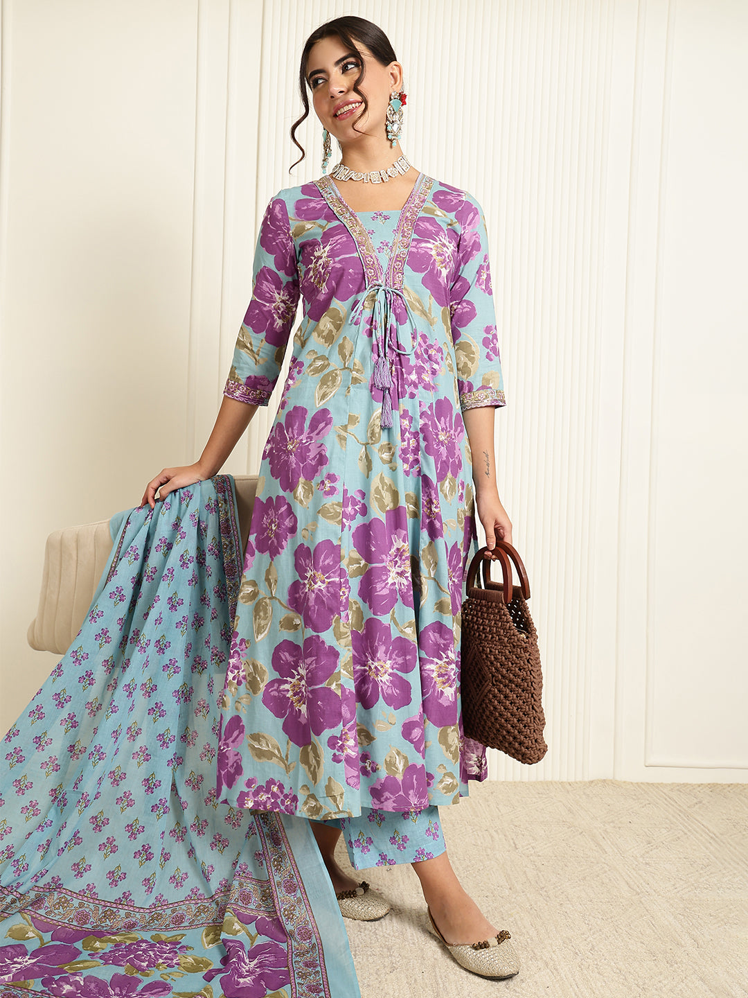 Cotton Calf Length Printed Flared 3/4 Sleeves V-Neck Kurta, Bottom With Dupatta