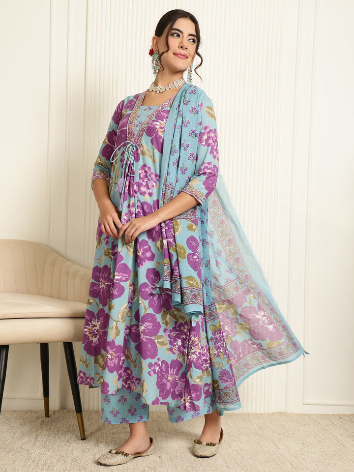 Cotton Calf Length Printed Flared 3/4 Sleeves V-Neck Kurta, Bottom With Dupatta