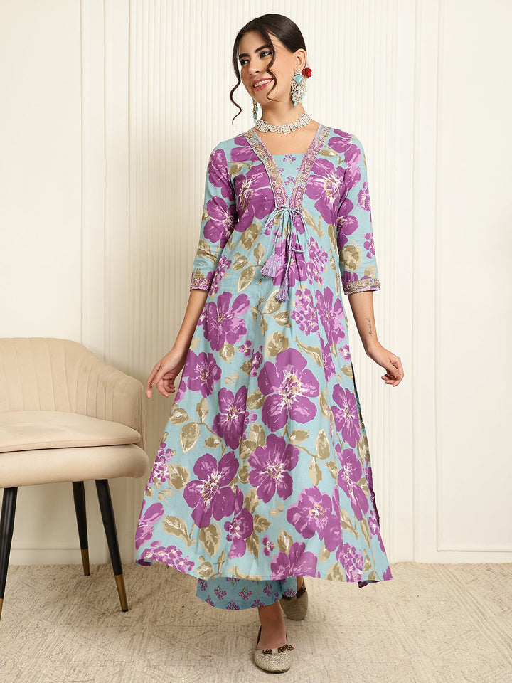 Cotton Calf Length Printed Flared 3/4 Sleeves V-Neck Kurta, Bottom With Dupatta
