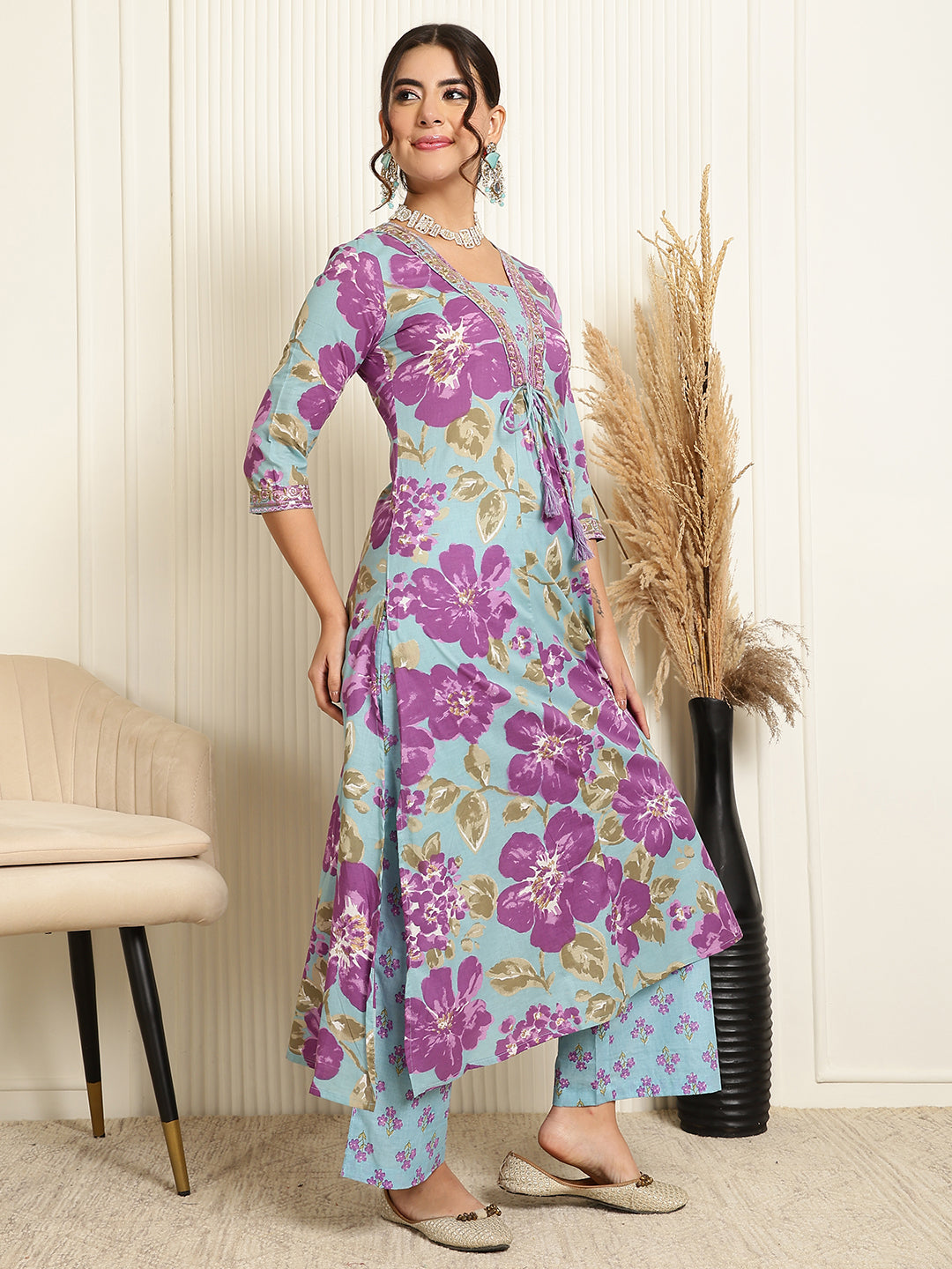 Cotton Calf Length Printed Flared 3/4 Sleeves V-Neck Kurta, Bottom With Dupatta