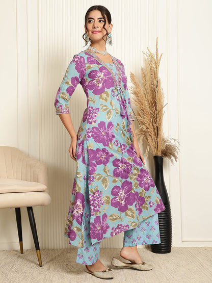 Cotton Calf Length Printed Flared 3/4 Sleeves V-Neck Kurta, Bottom With Dupatta