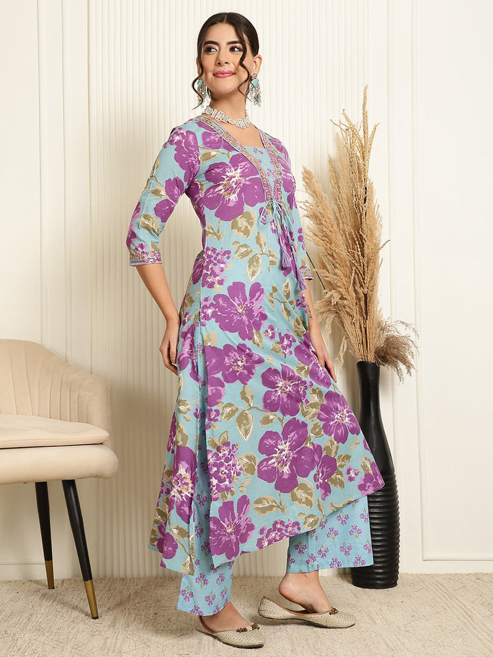 Cotton Calf Length Printed Flared 3/4 Sleeves V-Neck Kurta, Bottom With Dupatta