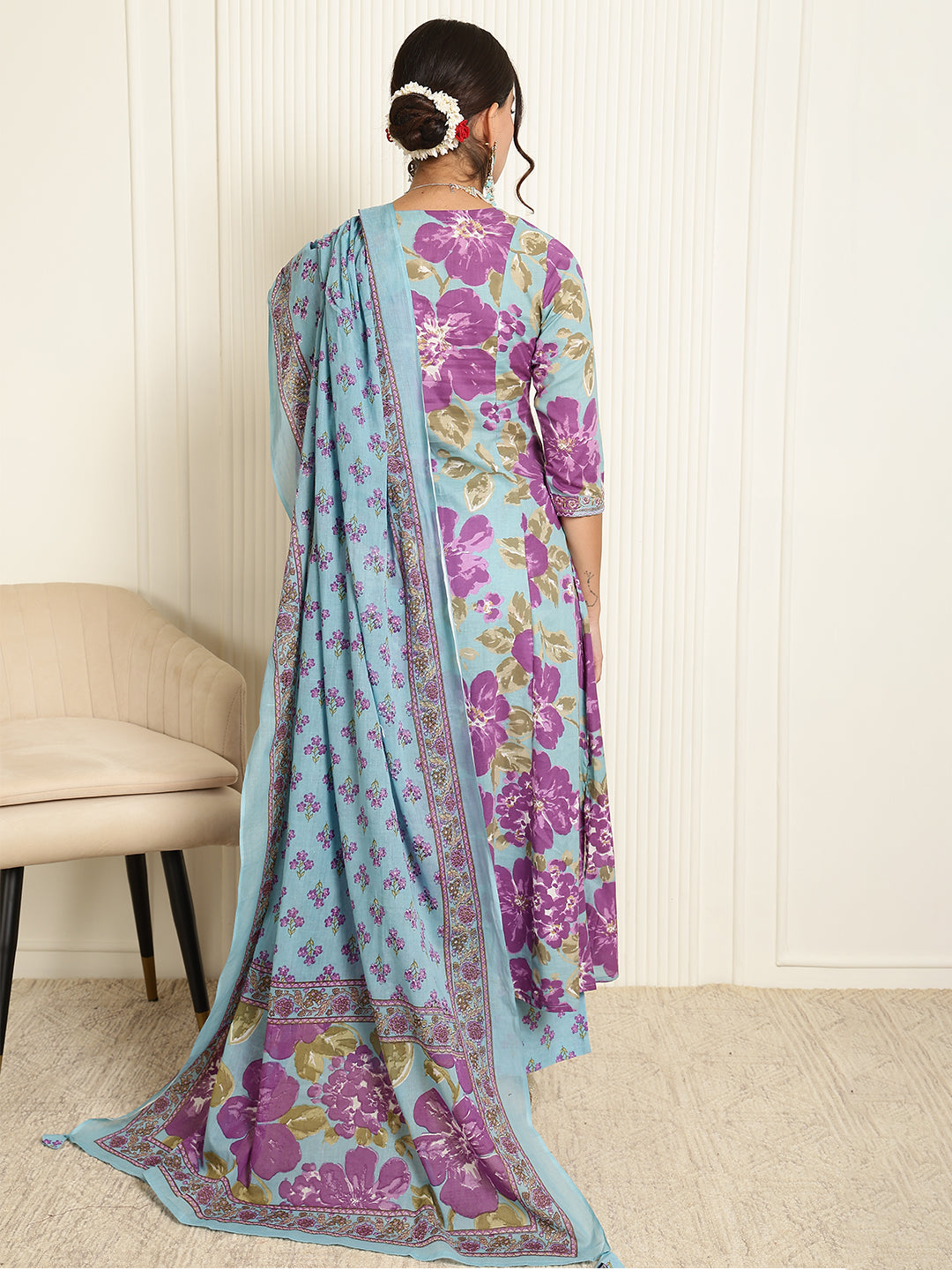 Cotton Calf Length Printed Flared 3/4 Sleeves V-Neck Kurta, Bottom With Dupatta