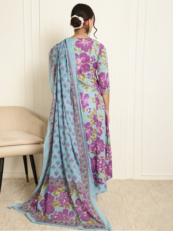 Cotton Calf Length Printed Flared 3/4 Sleeves V-Neck Kurta, Bottom With Dupatta