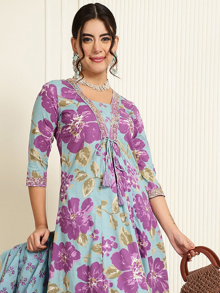 Cotton Calf Length Printed Flared 3/4 Sleeves V-Neck Kurta, Bottom With Dupatta