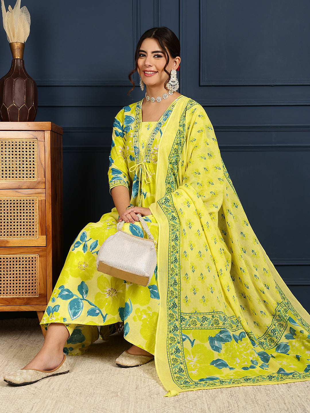Cotton Calf Length Printed Flared 3/4 Sleeves V-Neck Kurta, Bottom With Dupatta