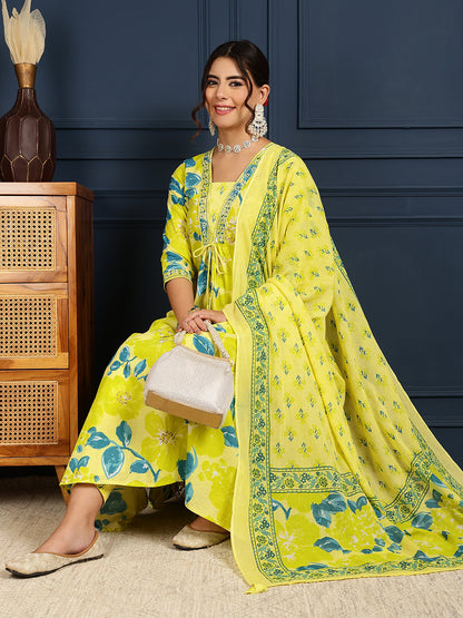 Cotton Calf Length Printed Flared 3/4 Sleeves V-Neck Kurta, Bottom With Dupatta