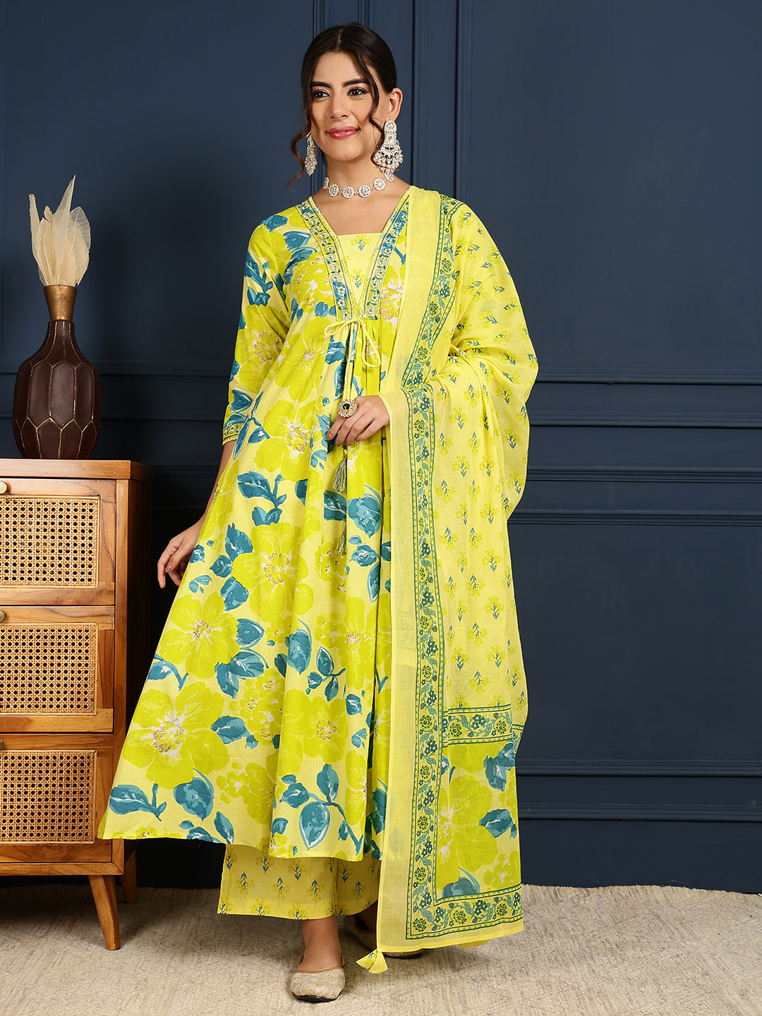 Cotton Calf Length Printed Flared 3/4 Sleeves V-Neck Kurta, Bottom With Dupatta