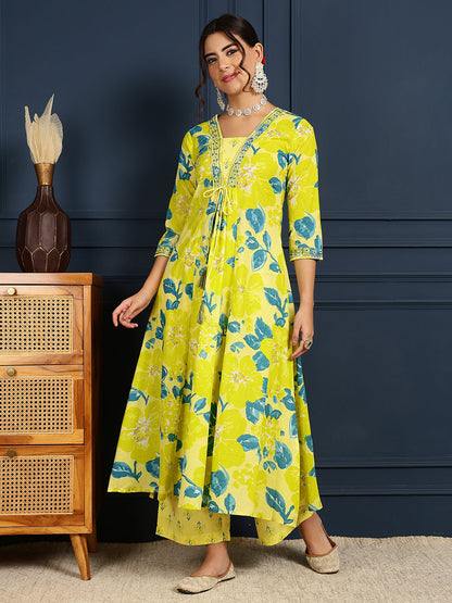 Cotton Calf Length Printed Flared 3/4 Sleeves V-Neck Kurta, Bottom With Dupatta