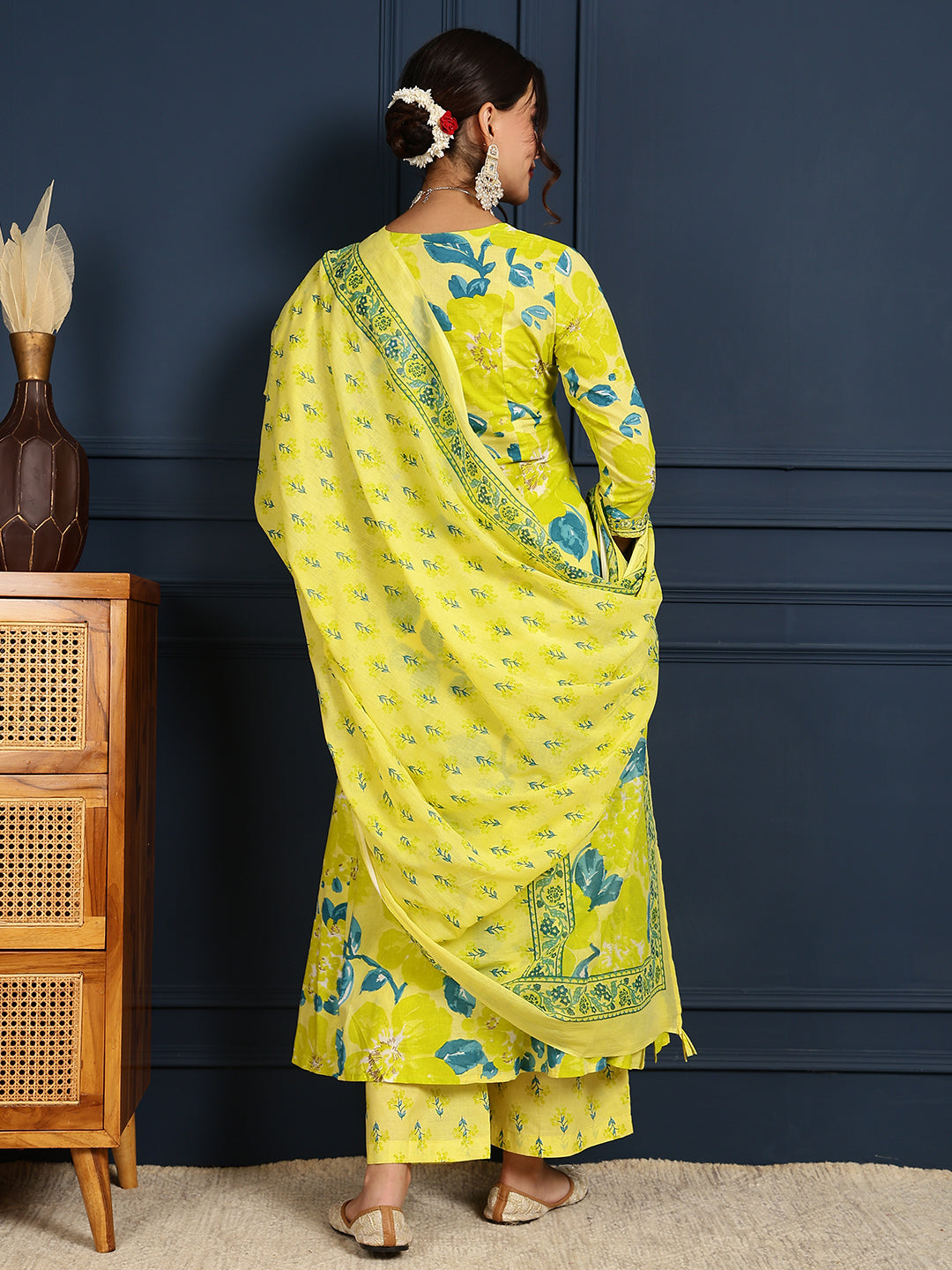 Cotton Calf Length Printed Flared 3/4 Sleeves V-Neck Kurta, Bottom With Dupatta