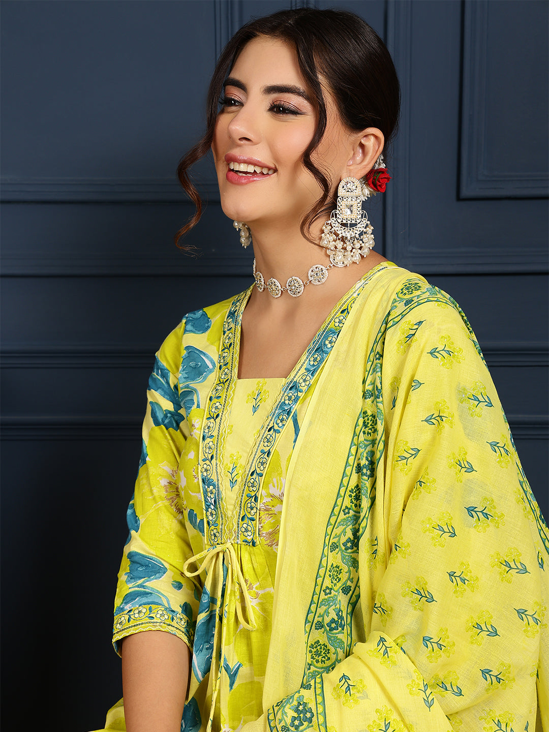 Cotton Calf Length Printed Flared 3/4 Sleeves V-Neck Kurta, Bottom With Dupatta