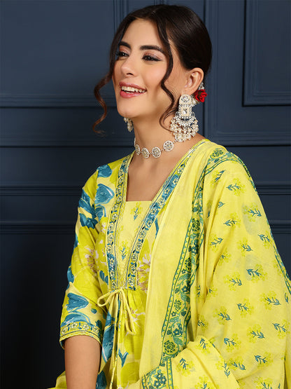 Cotton Calf Length Printed Flared 3/4 Sleeves V-Neck Kurta, Bottom With Dupatta