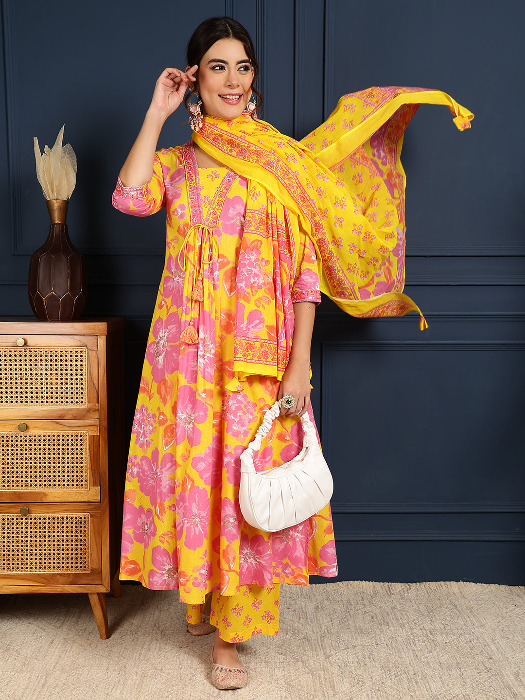 Cotton Calf Length Printed Flared 3/4 Sleeves V-Neck Kurta, Bottom With Dupatta