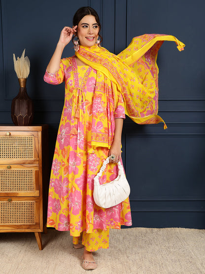 Cotton Calf Length Printed Flared 3/4 Sleeves V-Neck Kurta, Bottom With Dupatta