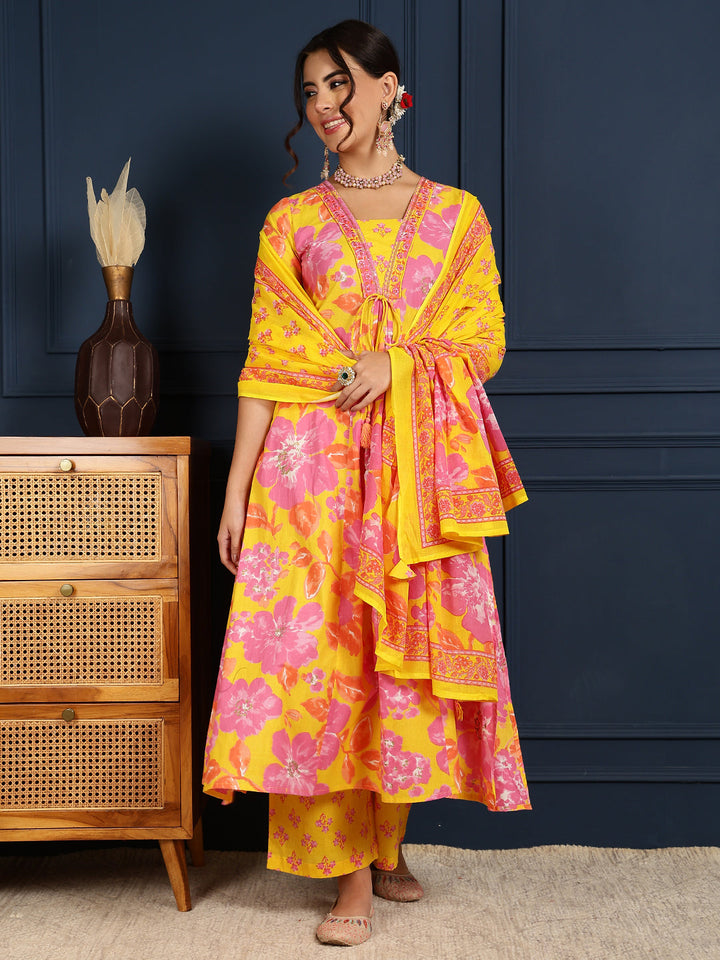 Cotton Calf Length Printed Flared 3/4 Sleeves V-Neck Kurta, Bottom With Dupatta