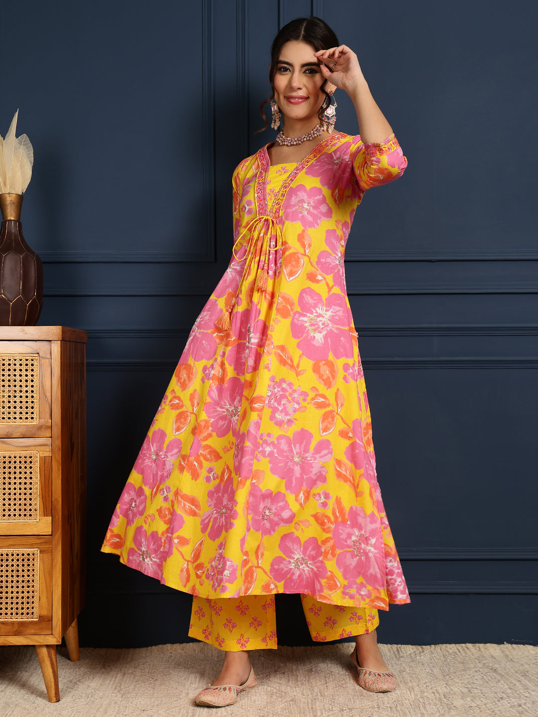 Cotton Calf Length Printed Flared 3/4 Sleeves V-Neck Kurta, Bottom With Dupatta