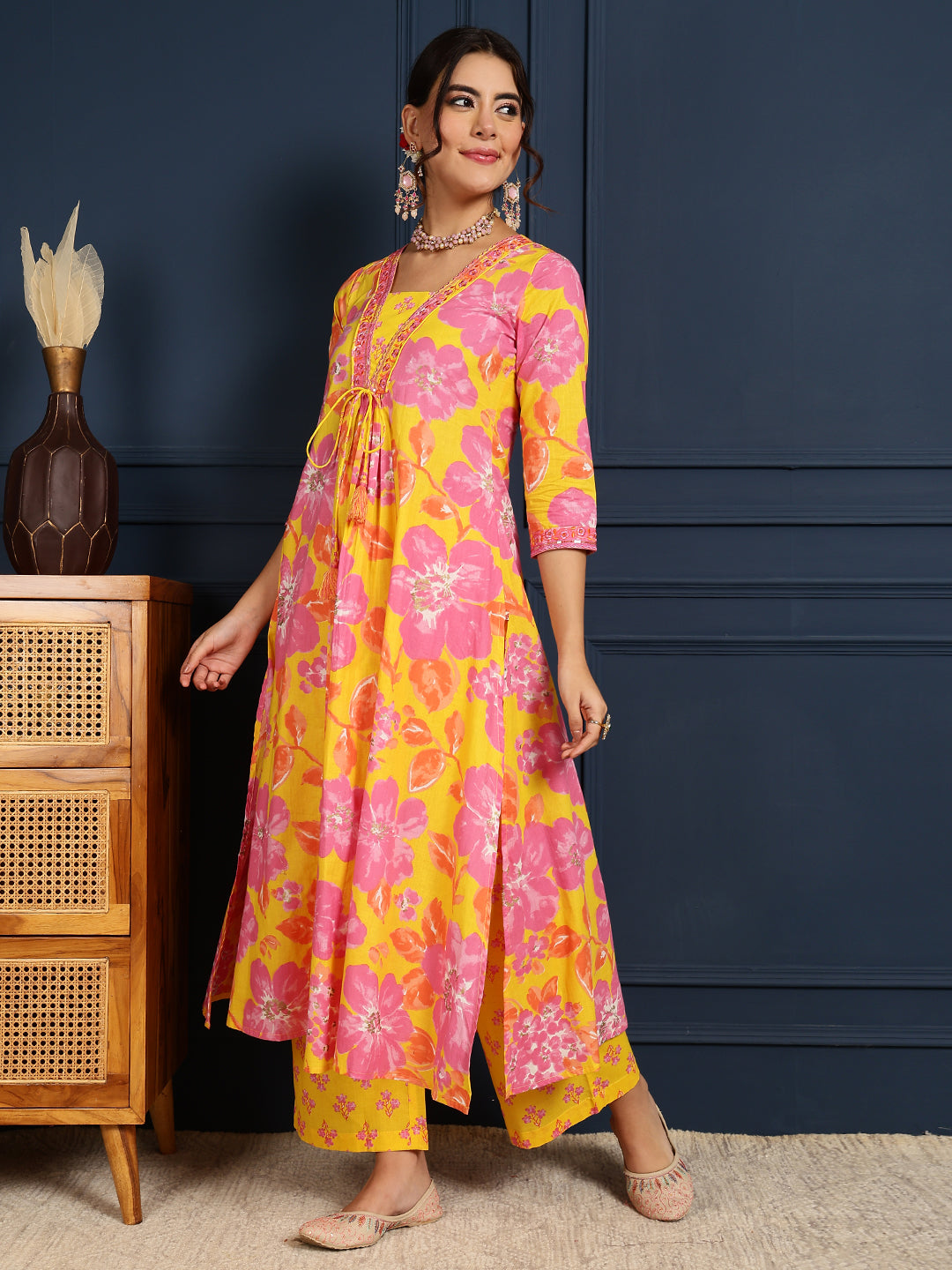 Cotton Calf Length Printed Flared 3/4 Sleeves V-Neck Kurta, Bottom With Dupatta