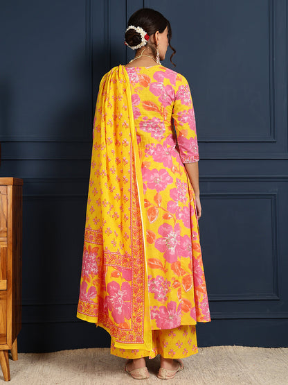 Cotton Calf Length Printed Flared 3/4 Sleeves V-Neck Kurta, Bottom With Dupatta