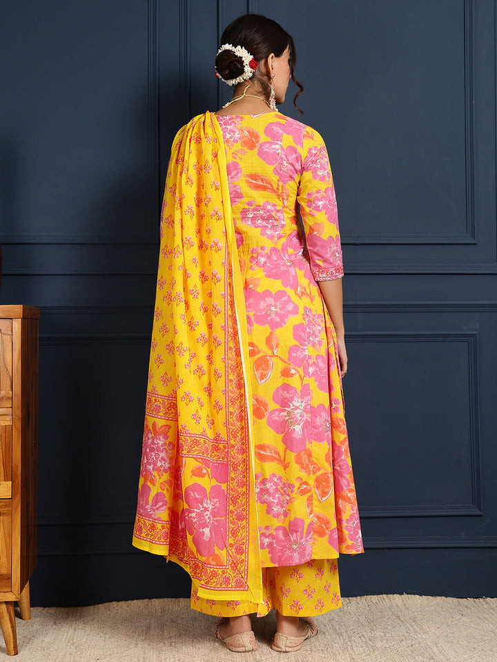 Cotton Calf Length Printed Flared 3/4 Sleeves V-Neck Kurta, Bottom With Dupatta