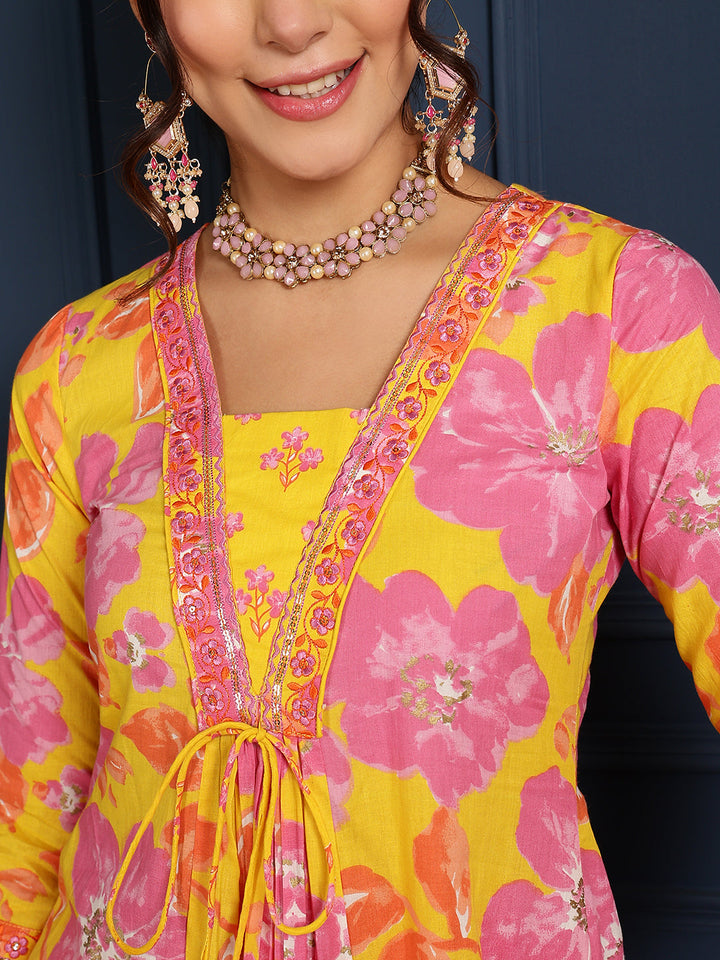 Cotton Calf Length Printed Flared 3/4 Sleeves V-Neck Kurta, Bottom With Dupatta