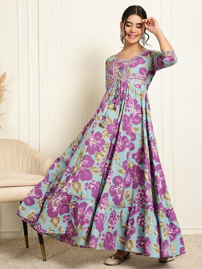 Cotton Ankle Length Printed Flared 3/4 Sleeves V-Neck Gown