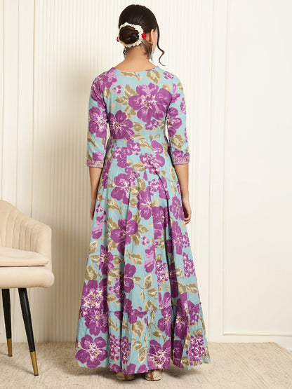 Cotton Ankle Length Printed Flared 3/4 Sleeves V-Neck Gown