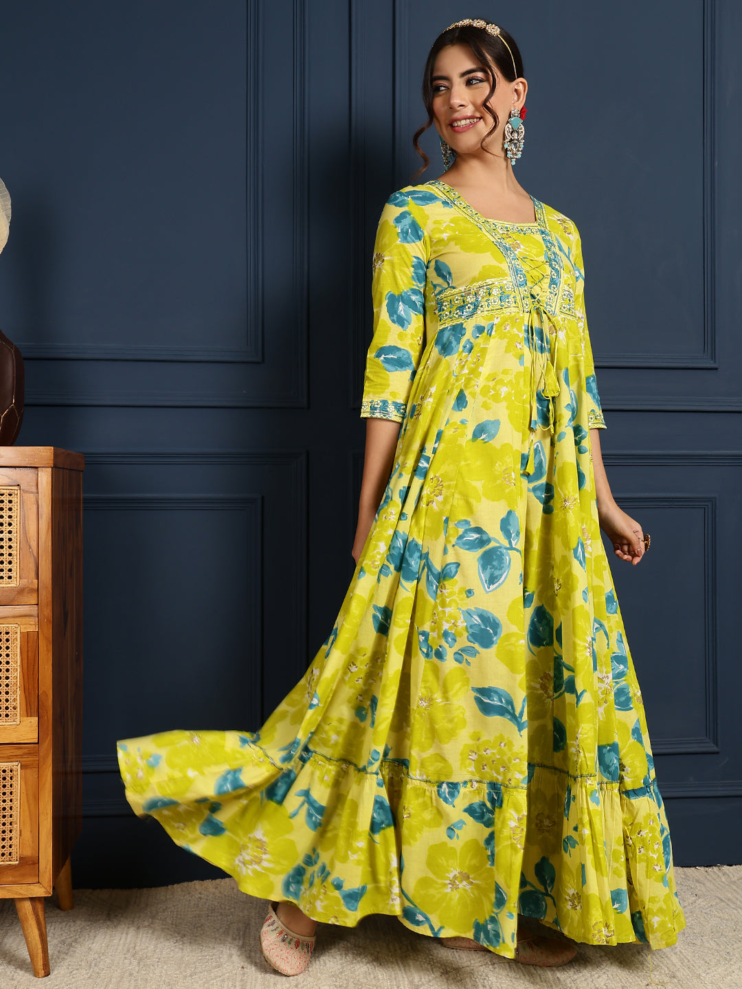 Cotton Ankle Length Printed Flared 3/4 Sleeves V-Neck Gown