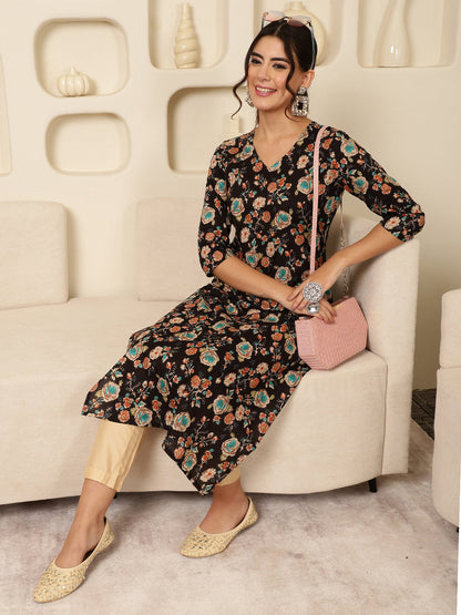 Cotton Calf Length Printed Straight 3/4 Sleeves V-Neck Kurta