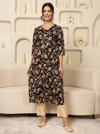 Cotton Calf Length Printed Straight 3/4 Sleeves V-Neck Kurta
