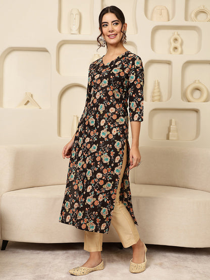Cotton Calf Length Printed Straight 3/4 Sleeves V-Neck Kurta