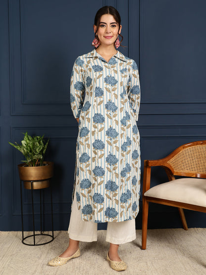 Flex Calf Length Printed Straight 3/4 Sleeves Shirt Coller Kurta