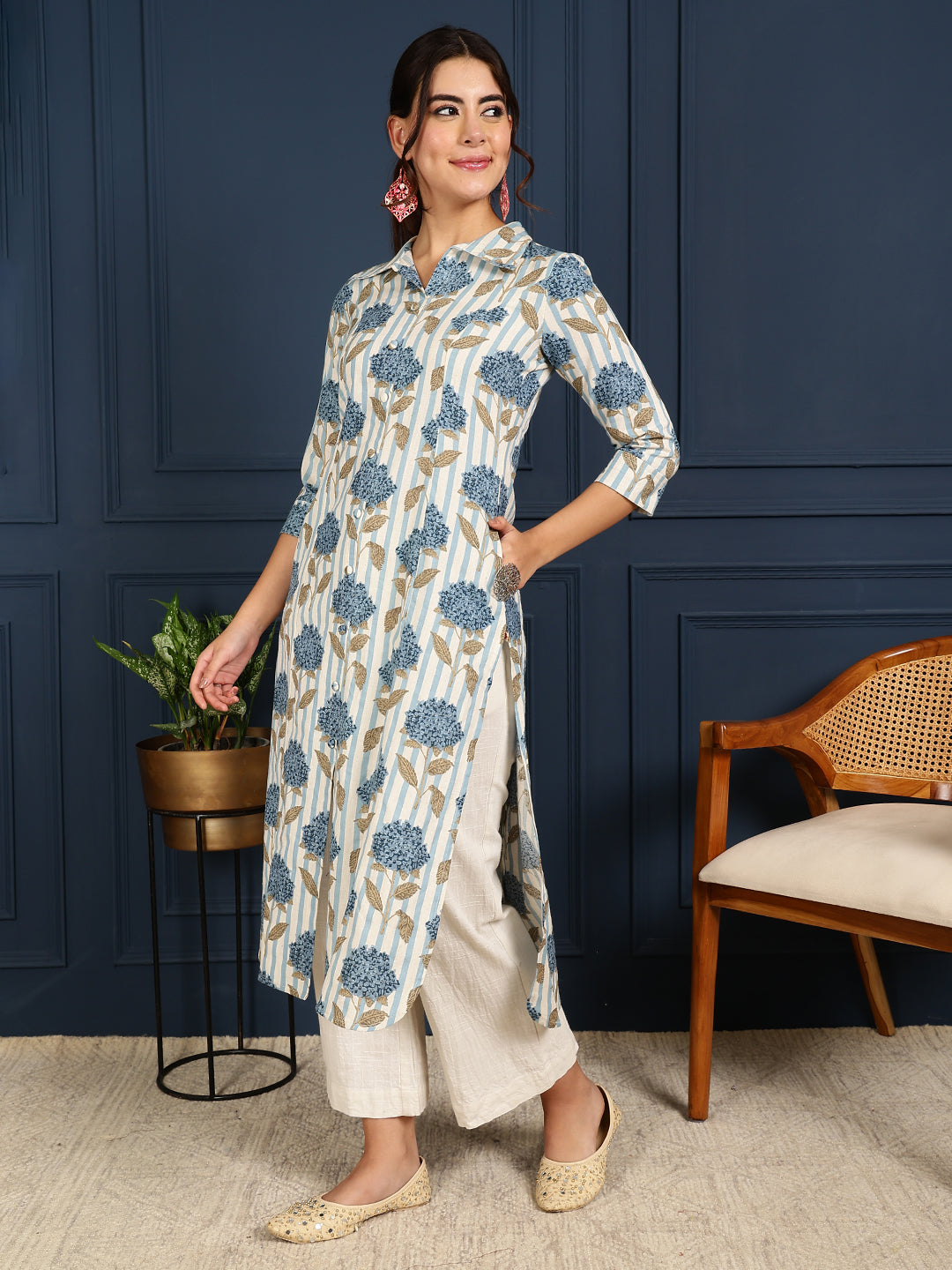 Flex Calf Length Printed Straight 3/4 Sleeves Shirt Coller Kurta