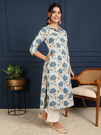 Flex Calf Length Printed Straight 3/4 Sleeves Shirt Coller Kurta