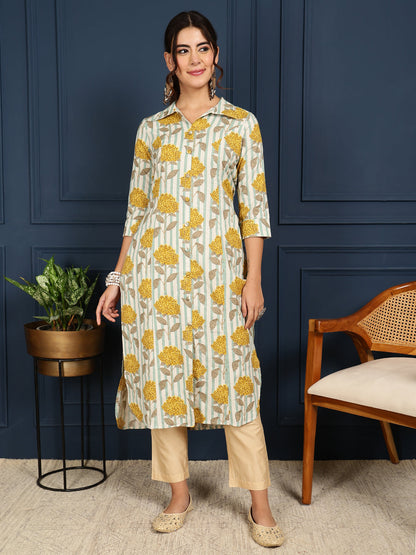 Flex Calf Length Printed Straight 3/4 Sleeves Shirt Coller Kurta