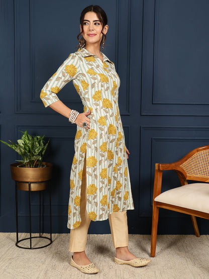 Flex Calf Length Printed Straight 3/4 Sleeves Shirt Coller Kurta