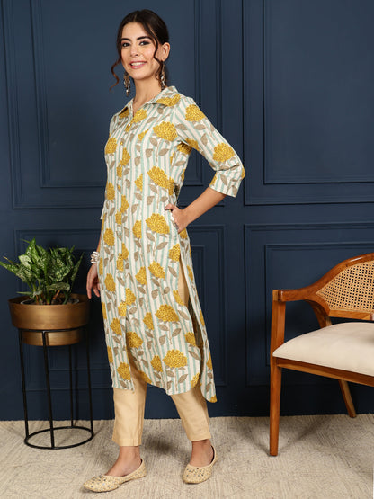 Flex Calf Length Printed Straight 3/4 Sleeves Shirt Coller Kurta