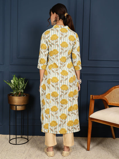 Flex Calf Length Printed Straight 3/4 Sleeves Shirt Coller Kurta