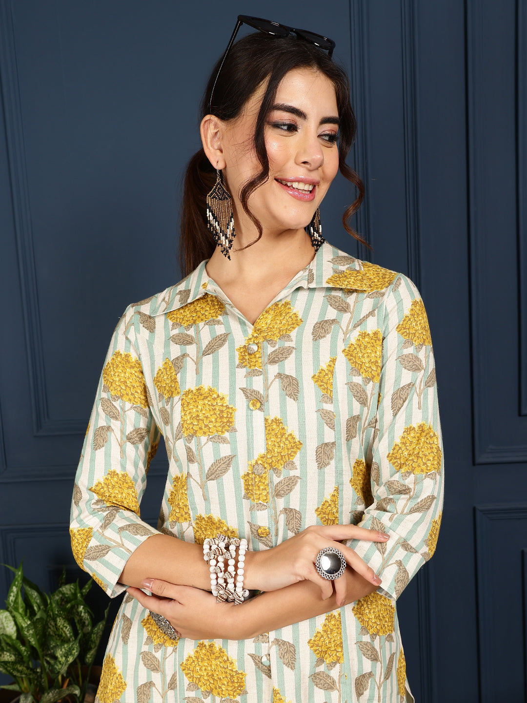Flex Calf Length Printed Straight 3/4 Sleeves Shirt Coller Kurta